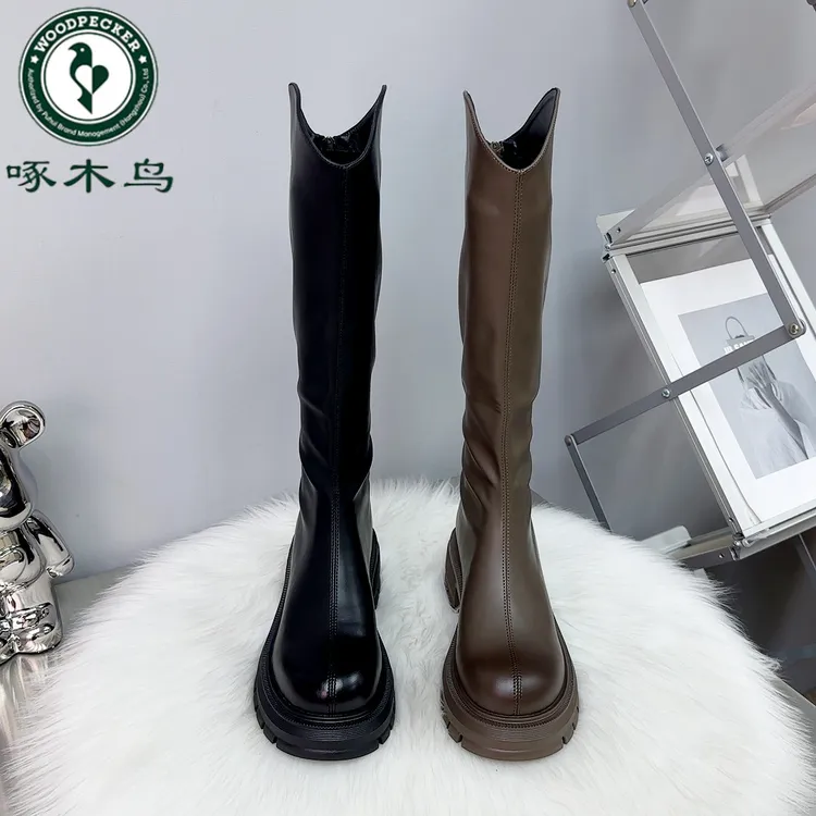啄木鸟长靴子2025秋季高筒骑士靴女增高6cm厚底显瘦机车靴瘦瘦靴