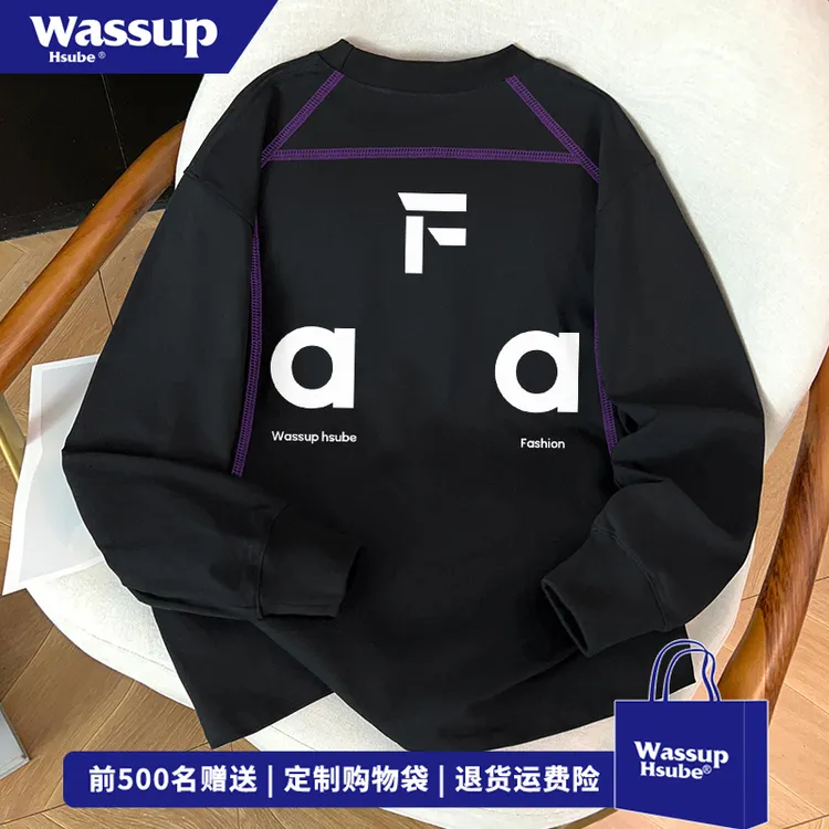 WASSUP HSUBE早秋休闲风拉线重磅上衣男欧美原创字母印花长袖T恤