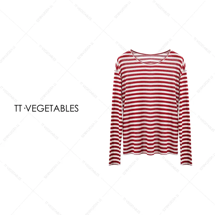 TT・VEGETABLES【序白】红珊瑚 条纹T恤针织长袖撞色上衣521056