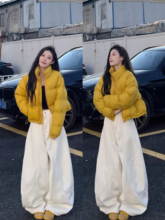 冬季一整套穿搭高级感黄色立领棉服外套搭阔腿裤套装女2025年新款