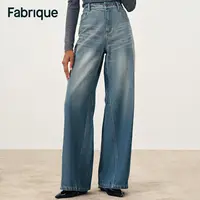 Fabrique Vinnie 秋冬新品水洗蓝解构拼色纯棉阔腿百搭弯刀牛仔裤