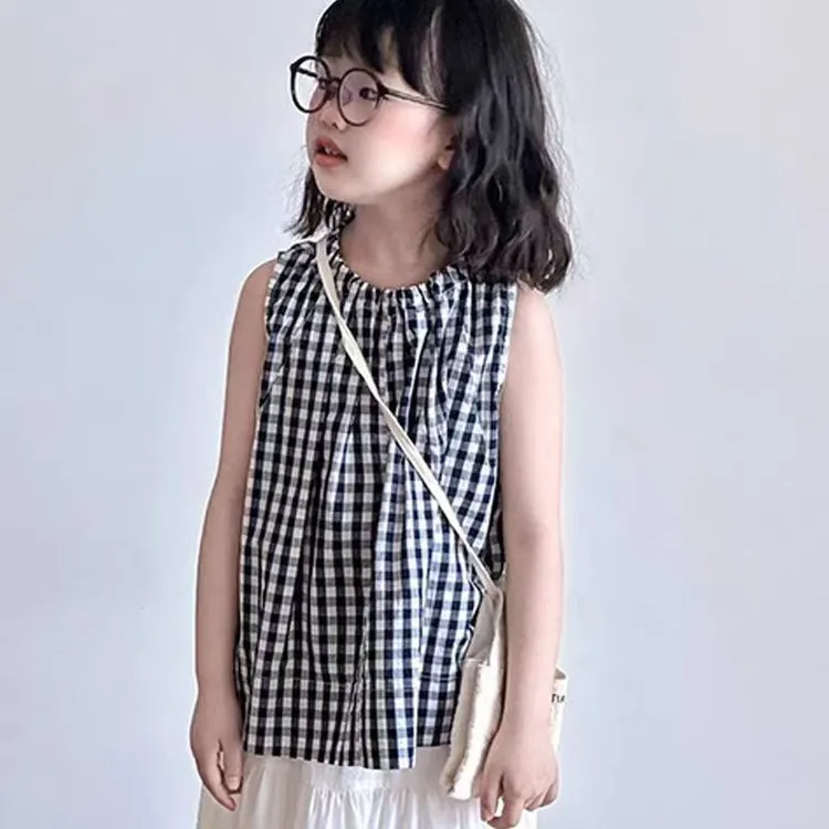 夏季女童套装森系棉布格子无袖衬衫娃娃衫儿童洋气半身裙两件套潮