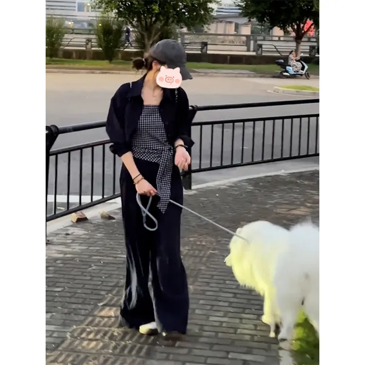 秋套装女2025新款韩系时尚开衫外套气质格子吊带阔腿休闲裤三件套