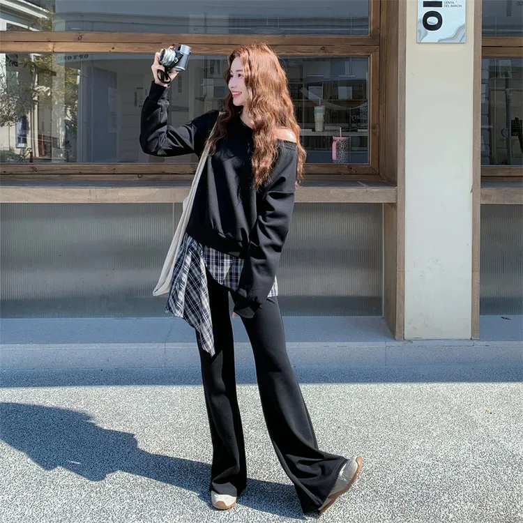 黑色又a又飒辣妹炸街卫衣套装女早秋季新款显瘦屁帘微喇裤两件套