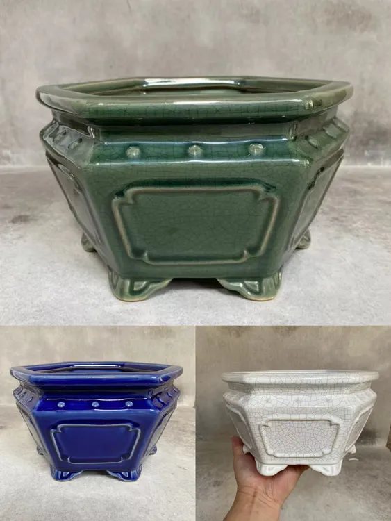 复古冰裂釉六角形陶瓷花盆绿植盆栽景观盆新石湾