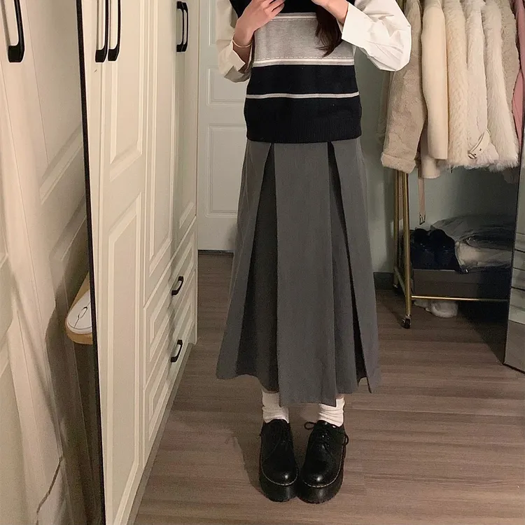 梨形身材半身裙女秋冬大码胖mm高腰显瘦遮胯a字长裙子西装百褶裙