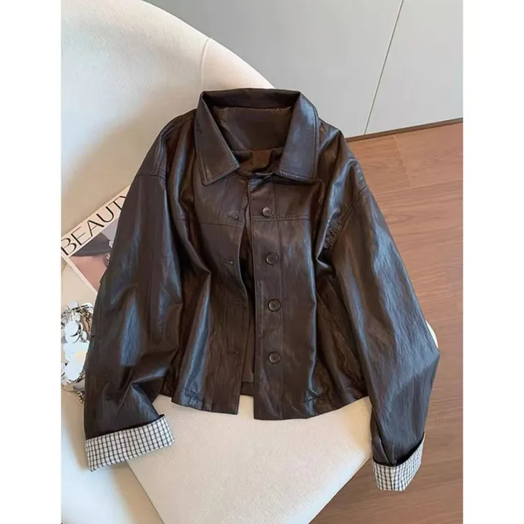 秋季复古港风翻领常规拼接皮衣宽松复古网红上衣长袖