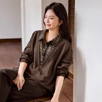 【空气层假两件拼接】MsShe大码女装秋磨毛格子卫衣女S~B2509054
