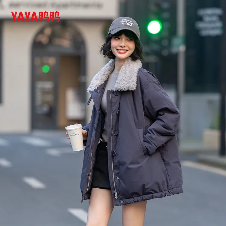 YAYA/鸭鸭羽绒服2025新款正品女款新国标90绒毛领派克服高级外套