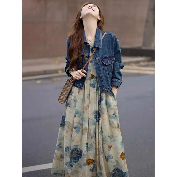 秋季搭配一整套高级感减龄牛仔外套水墨画连衣裙两件套装碎花长裙