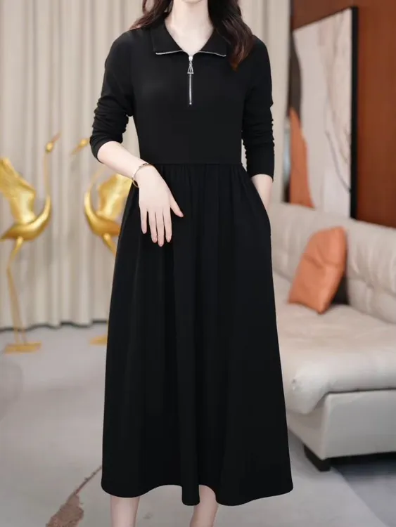【SY468】2025秋季新款气质百搭收腰显瘦连衣裙长袖黑色修身中长裙