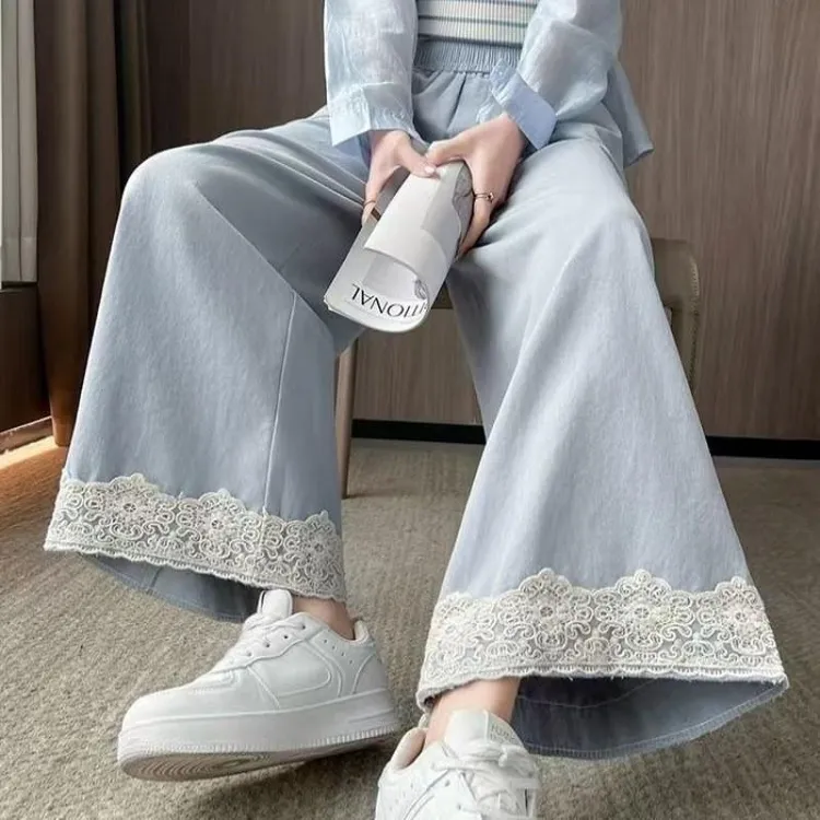 夏季阔腿裤女高腰宽松百搭蕾丝花边直筒九分裤森系垂感软糯休闲裤