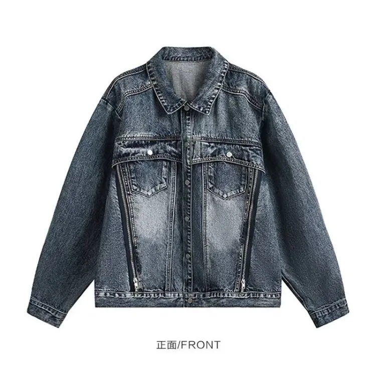 拉链做旧口袋工装夹克男生秋季美式复古痞帅男士牛仔外套街头春秋