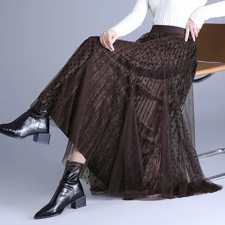 两面穿纱裙半身裙女秋冬2025新款中长遮胯显瘦垂感圆点歌甸百褶裙