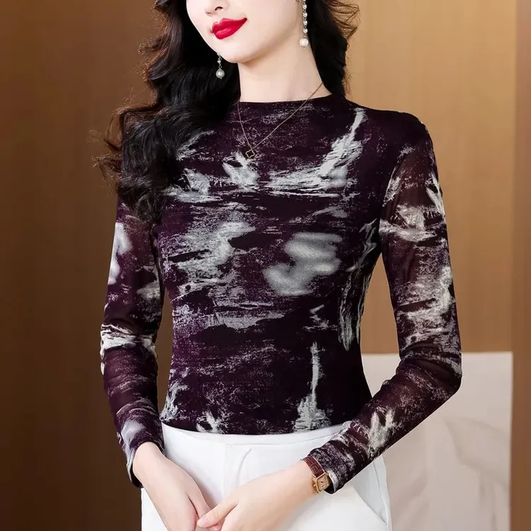 时尚优雅网眼印花长袖打底衫T恤女秋冬别致洋气高级感上衣女2870