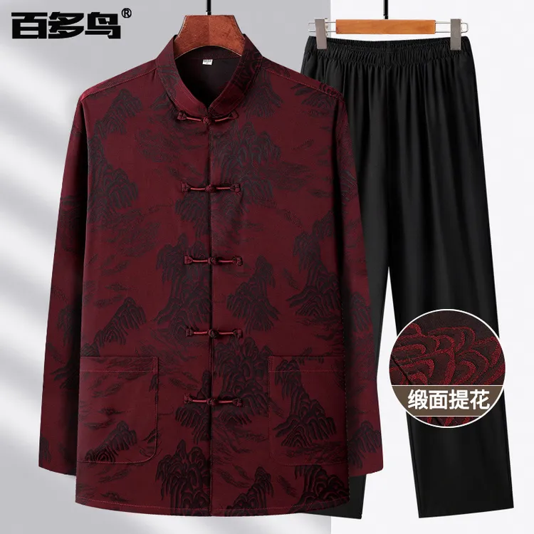 唐装男中老年爸爸装秋装长袖套装秋季中国风男装薄款爷爷装老年人