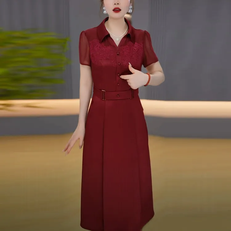 珠光缎红色婚宴礼服裙2025夏季新款短袖气质显瘦轻奢时尚连衣裙子