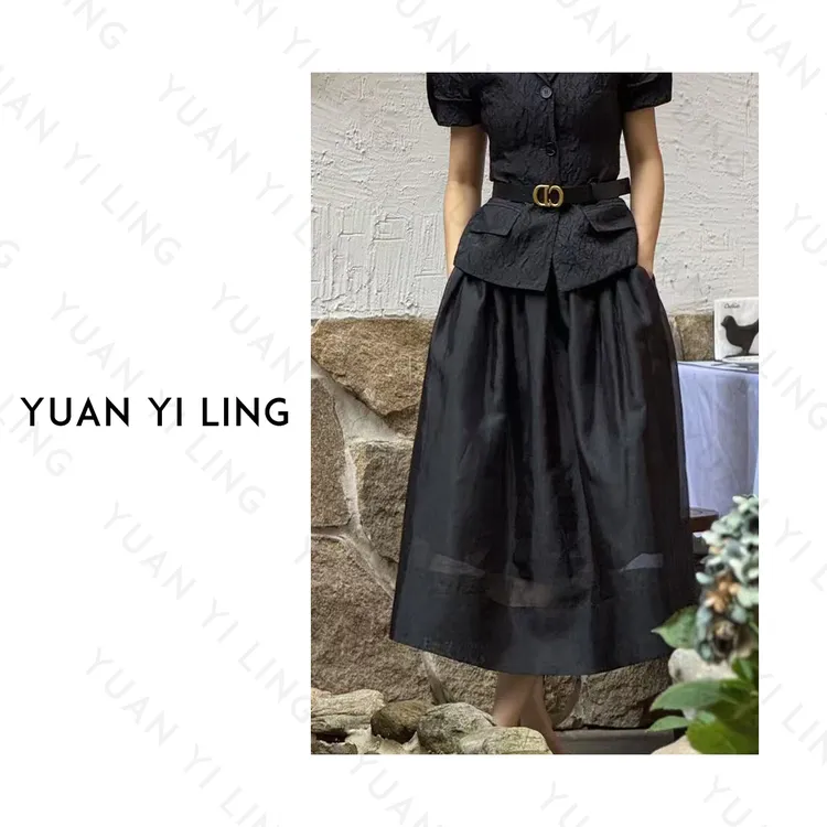 袁艺灵【赫本小姐】法式中腰黑色欧根纱百搭梭织休闲半身裙夏