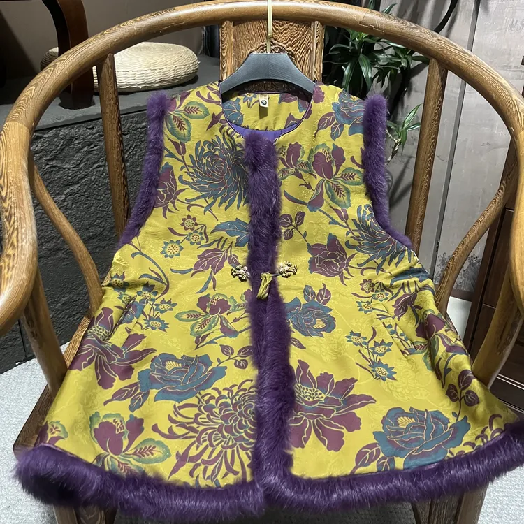 【墨锦】新中式国风棉服冬季夹棉印花圆领中长款马甲 減龄百搭上衣