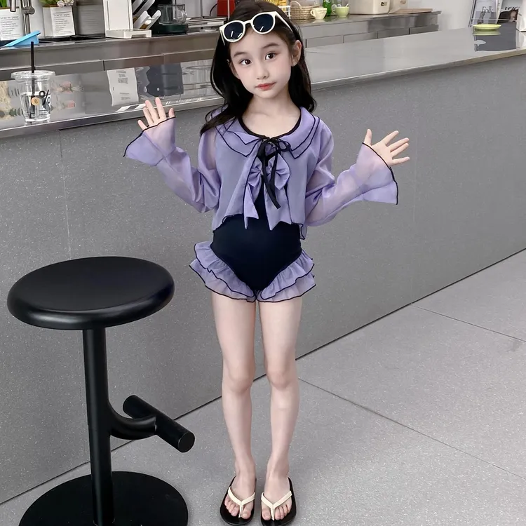 女童泳衣夏季2025新款儿童长袖防晒泳装大童女孩高颜值连体游泳衣