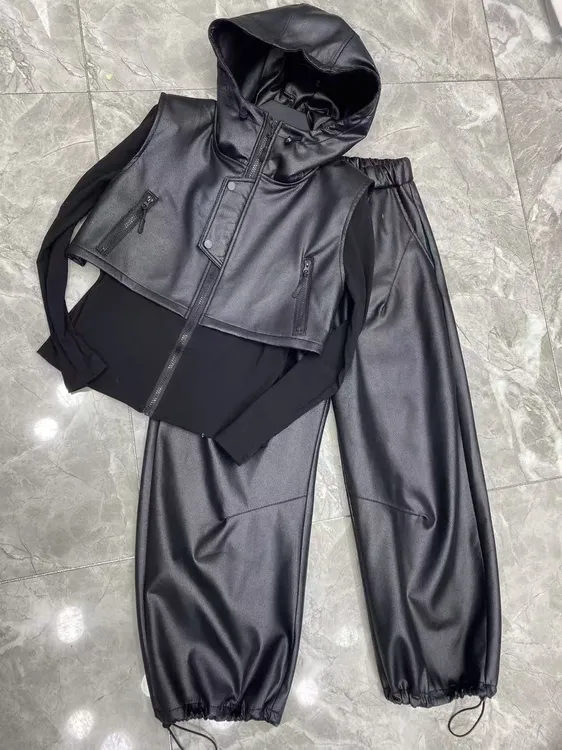 2025年秋冬季新款pu拼接假两件上衣+束脚裤两件套2613