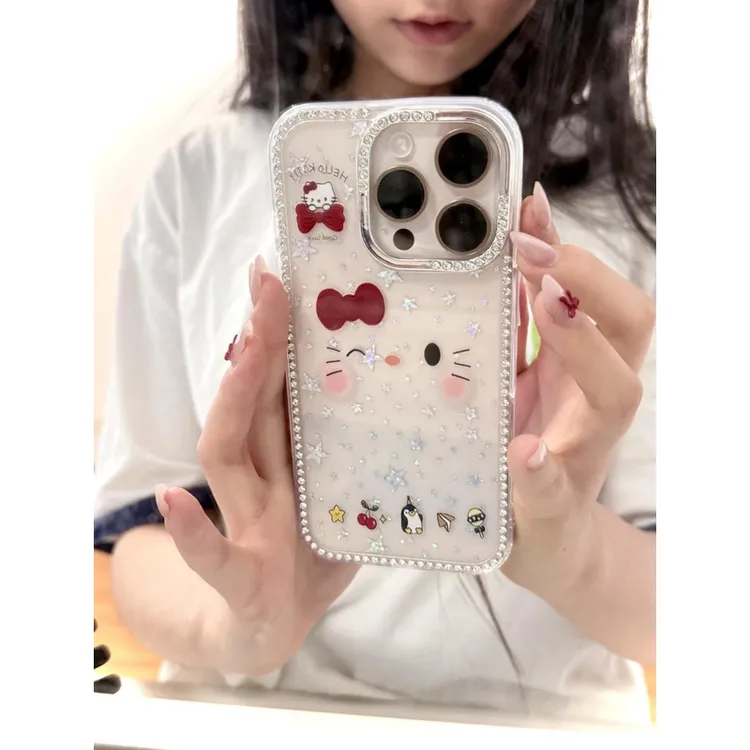 可爱眨眼KT猫适用苹果16promax手机壳15新款14防摔13闪钻12少女11