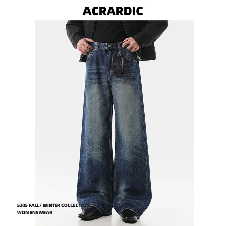 ACRARDIC2025潮牌猫须蓝色牛仔裤男高街痞帅cleanfit水洗直筒裤子