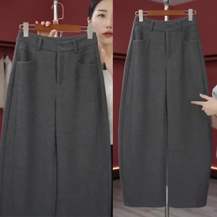 羊毛呢香蕉阔腿裤女2024秋冬季新款高腰加绒加厚直筒休闲弯刀裤子