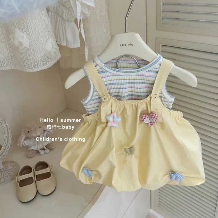 【咸柠七】女童夏季套装宝宝洋气夏装无袖上衣超萌可爱背带裙两件套