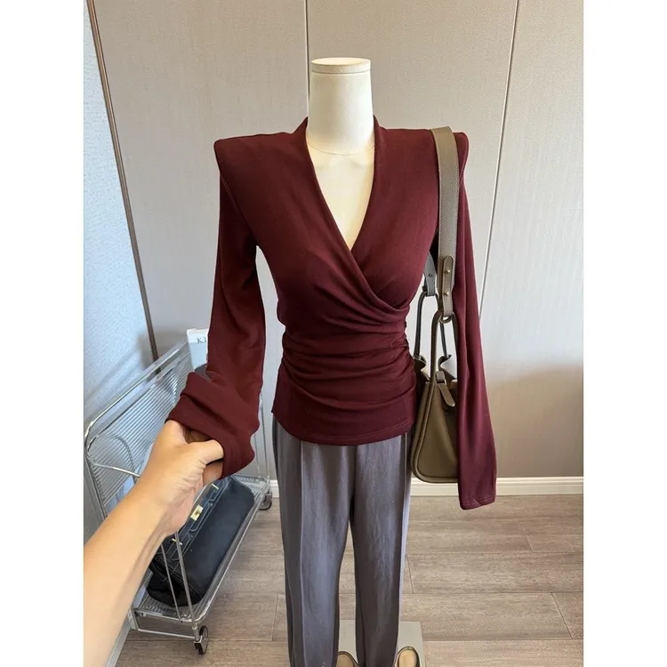 gao品质洋气v领交叉长袖T恤气质修身显瘦褶皱内搭打底衫上衣秋冬