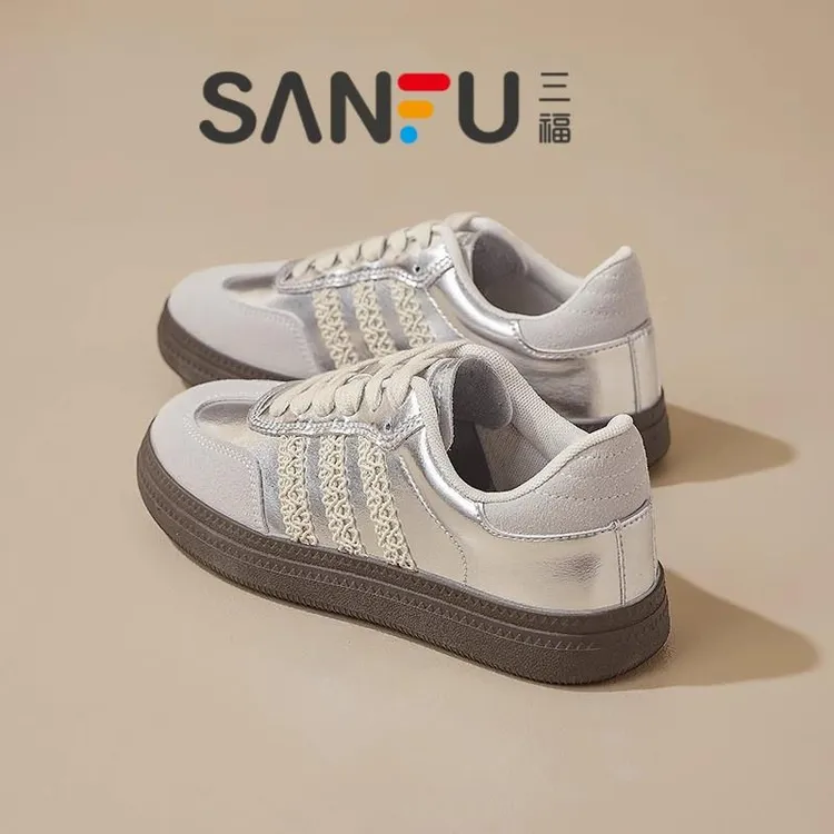 三福真皮银色软底德训鞋女2025新款春秋休闲板鞋芭蕾运动鞋子百搭