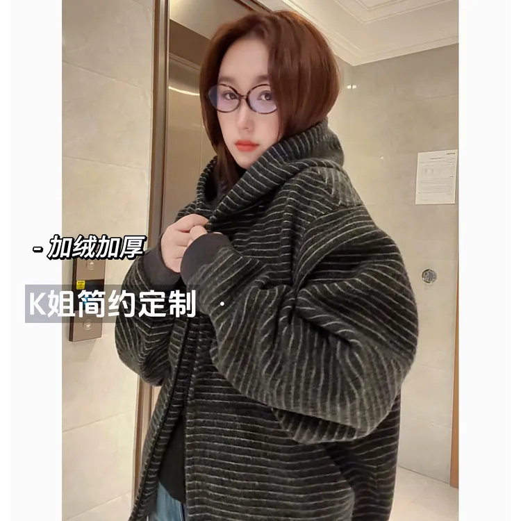 “KK定制”秋冬新款加厚绒感连帽拉链开衫宽松条纹长袖卫衣Y0093