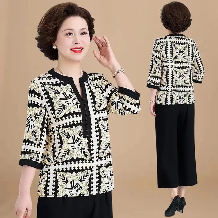 中老年女装小衫洋气中年妈妈装短袖显瘦女装中年女装妈妈款夏装