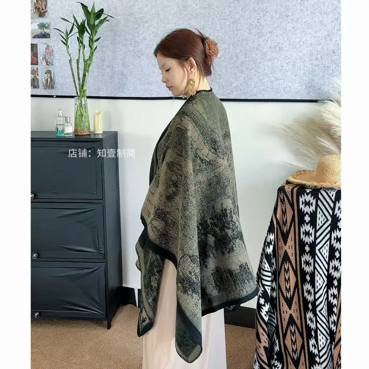 【清明上河图】民族风仿羊绒围巾加厚保暖披肩斗篷超大披风明星同款