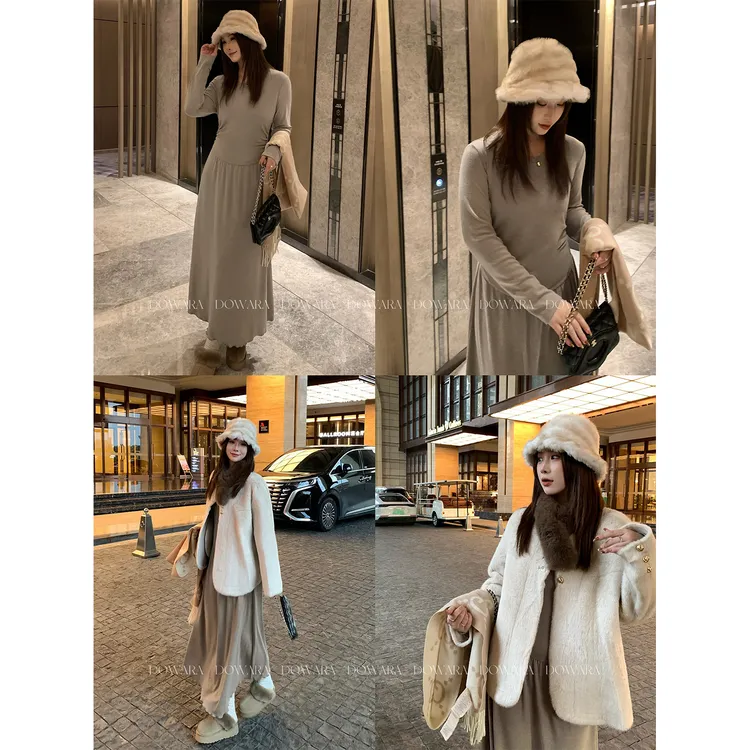 现货大婉酱微胖穿搭【再遇轻氧】韩系连衣裙冬设计感收腰长裙1123D 