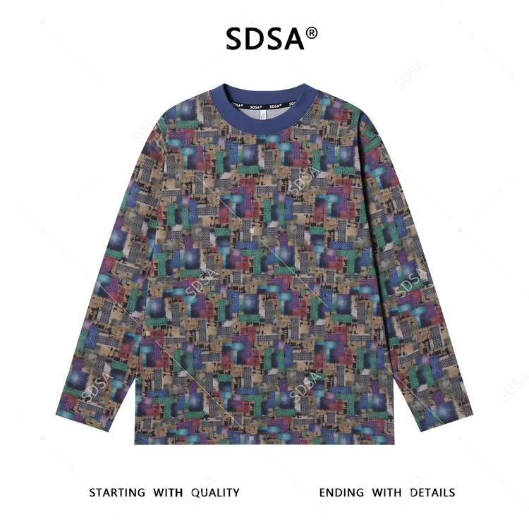 SDSA男士秋冬新款痞帅男装抽象不规则色块圆领长袖T恤宽松网红款
