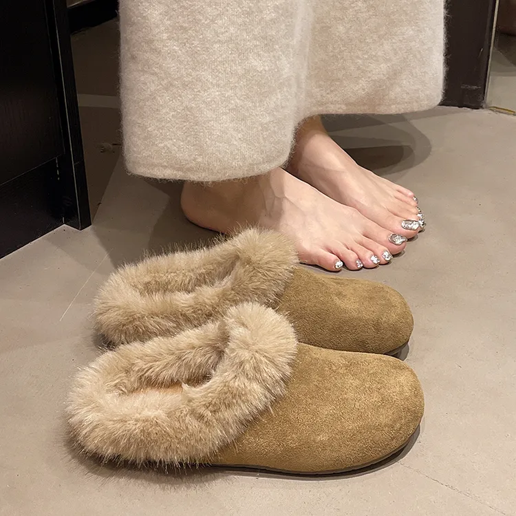女款秋冬勃肯拖鞋女水貂毛毛半拖外穿2025新款一脚蹬保暖包头棉拖
