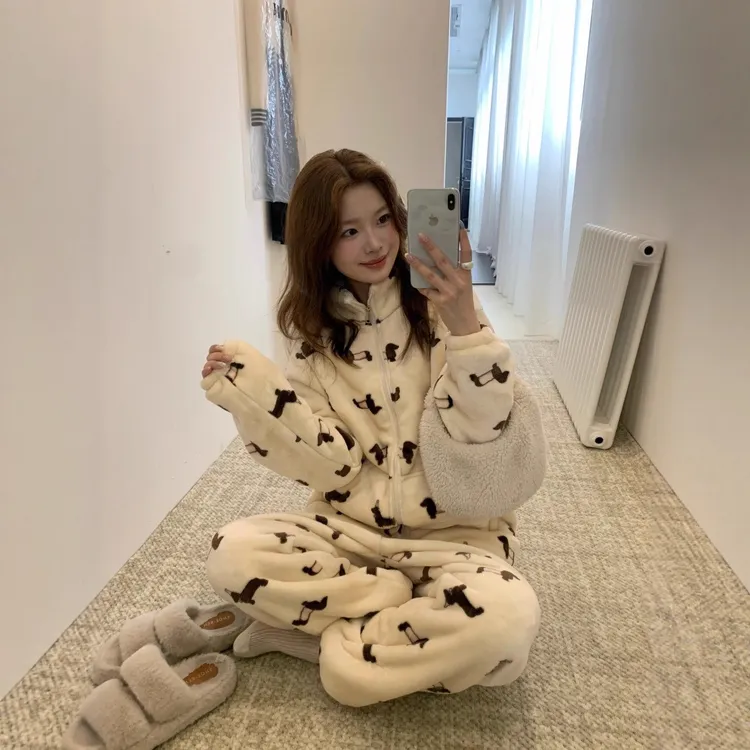 时尚良方~加绒睡衣套装女秋冬卡通可外穿家居服保暖加厚两件套