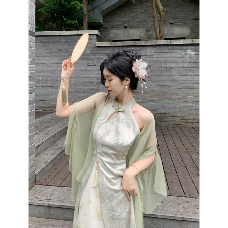 国风中式夏季提花拼接印花挂脖旗袍连衣