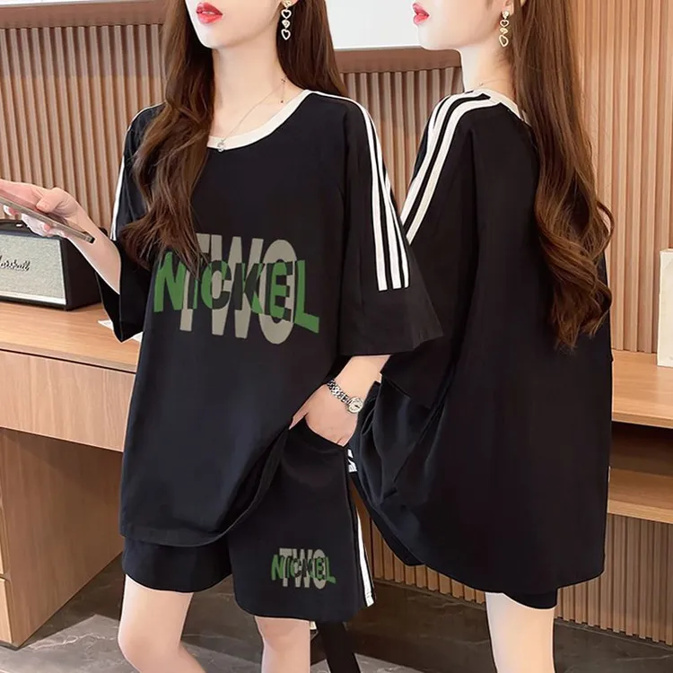 休闲宽松纯棉百搭运动套装女夏季2025新款韩版条纹短袖短裤两件套