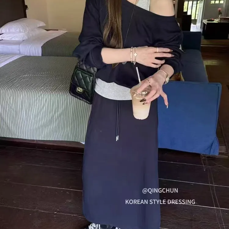 拉夏贝尔假两件露肩卫衣上衣半身裙两件套女2025秋季新款休闲套装