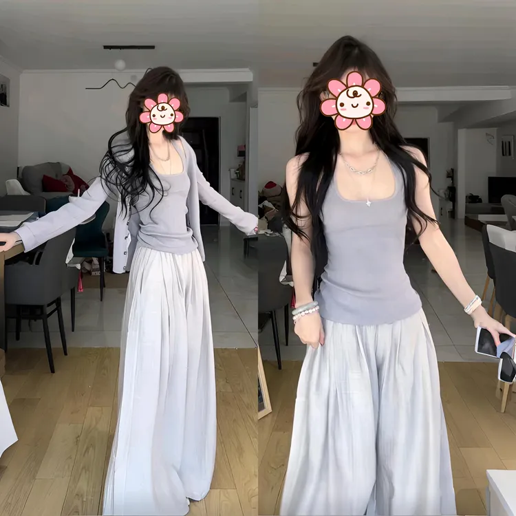 出行衣服2025新款韩系洋气穿搭薄款针织开衫吊带背心阔腿裤三件套