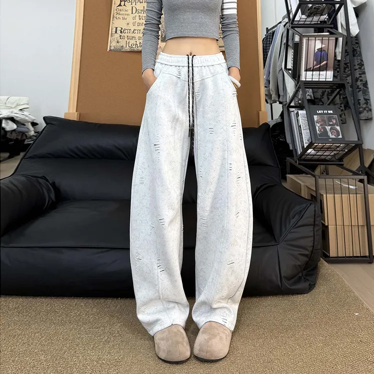 City Hipster割破撞色扎染美式工装弯刀卫裤男款秋冬宽松休闲裤子