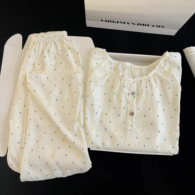 彩虹波点云朵棉睡衣春夏秋季女爆款2025新款家居套装圆领长袖长裤