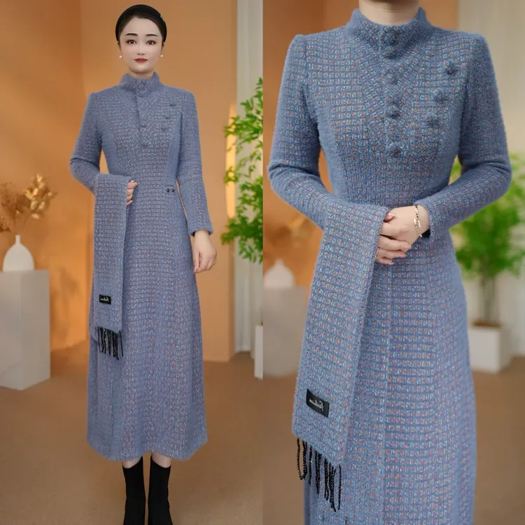【衣雅严选】8101-2536#新款加厚雪花绒围巾连衣裙保暖两件套