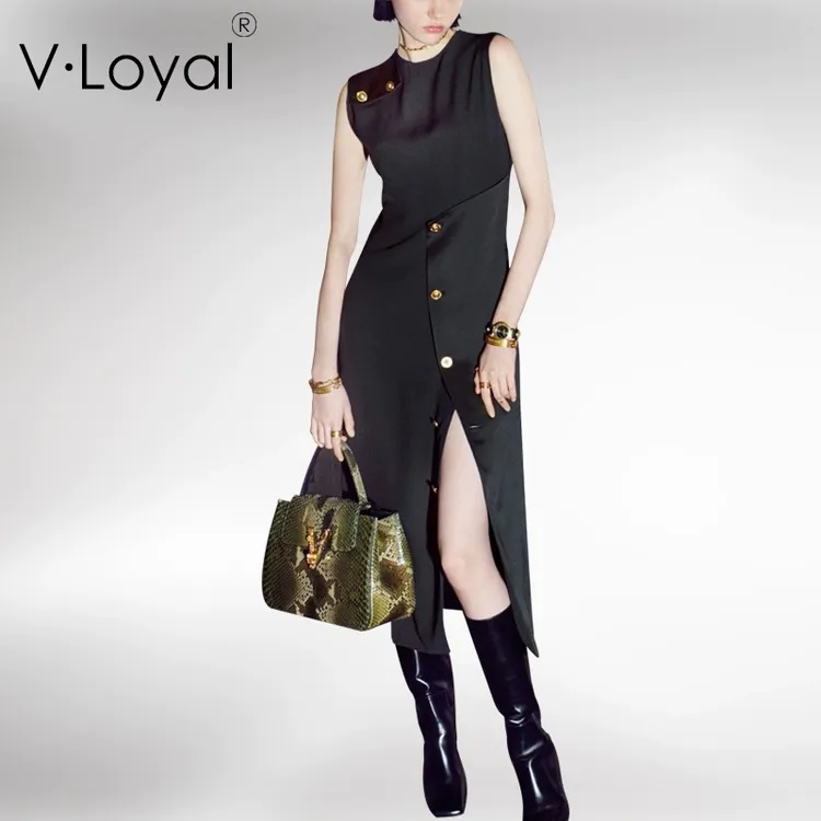 黑色轻奢时尚气质无袖法式连衣裙缎面收腰显瘦开叉礼服中长款裙