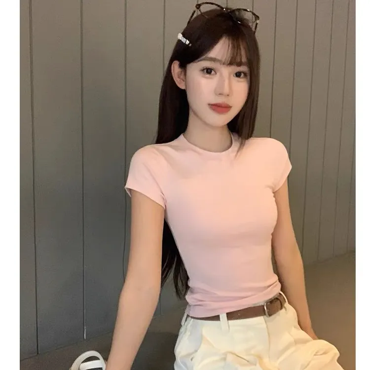 粉色正肩短袖t恤女夏季2025新款纯色圆领修身显瘦短款上衣