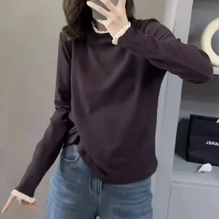 菩朵 设计款双面磨毛蕾丝花边打底衫百搭