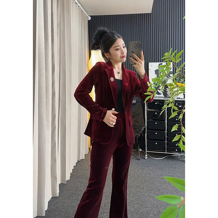 2025秋季轻职风金丝绒西服套装女休闲裤子西装外套修身一粒扣长袖
