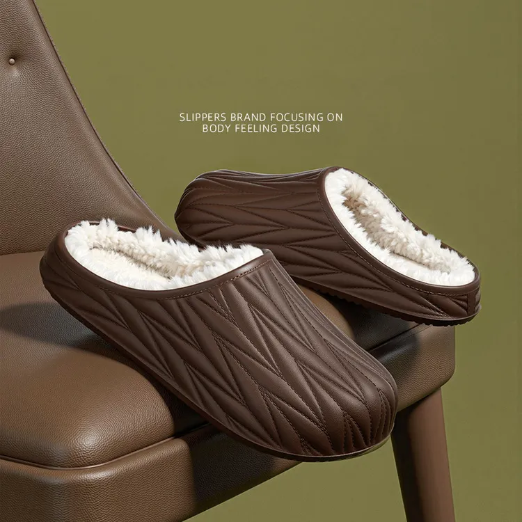 美拉德褶皱棉拖鞋秋冬季室内情侣保暖防水防滑居家加绒包头半拖女